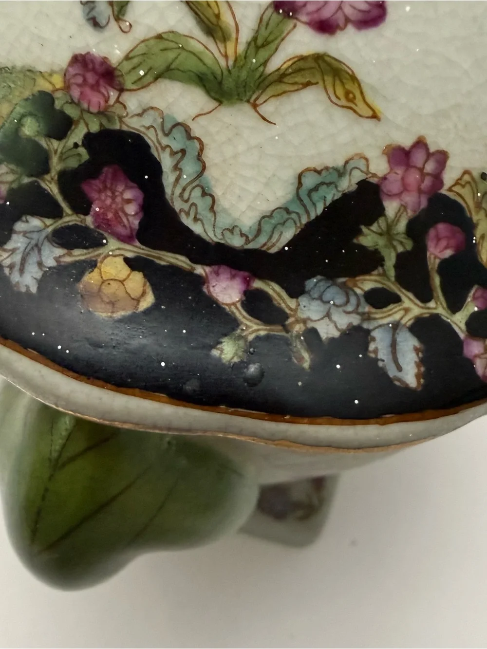Vintage Chinese Floral Porcelain Lidded Pedestal Footed Small Urn Crackle Finish